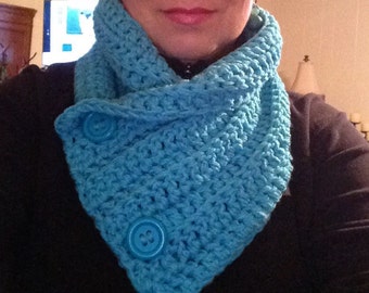 Turquoise crochet Cowl Scarf, Cowl Scarf Buttons
