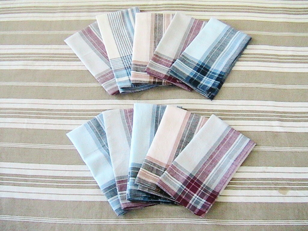 French 1950s Men Cotton Handkerchiefs – Lot of 10 – Checked Print ...