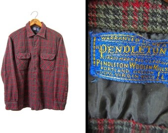 Vintage 60s Pendleton Shirt Red Plaid Wool Loop Collar Flap Pockets - Men's Medium