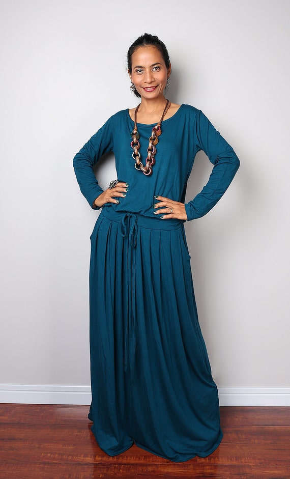 Teal Maxi Dress Long Sleeve Dress : Autumn Thrills