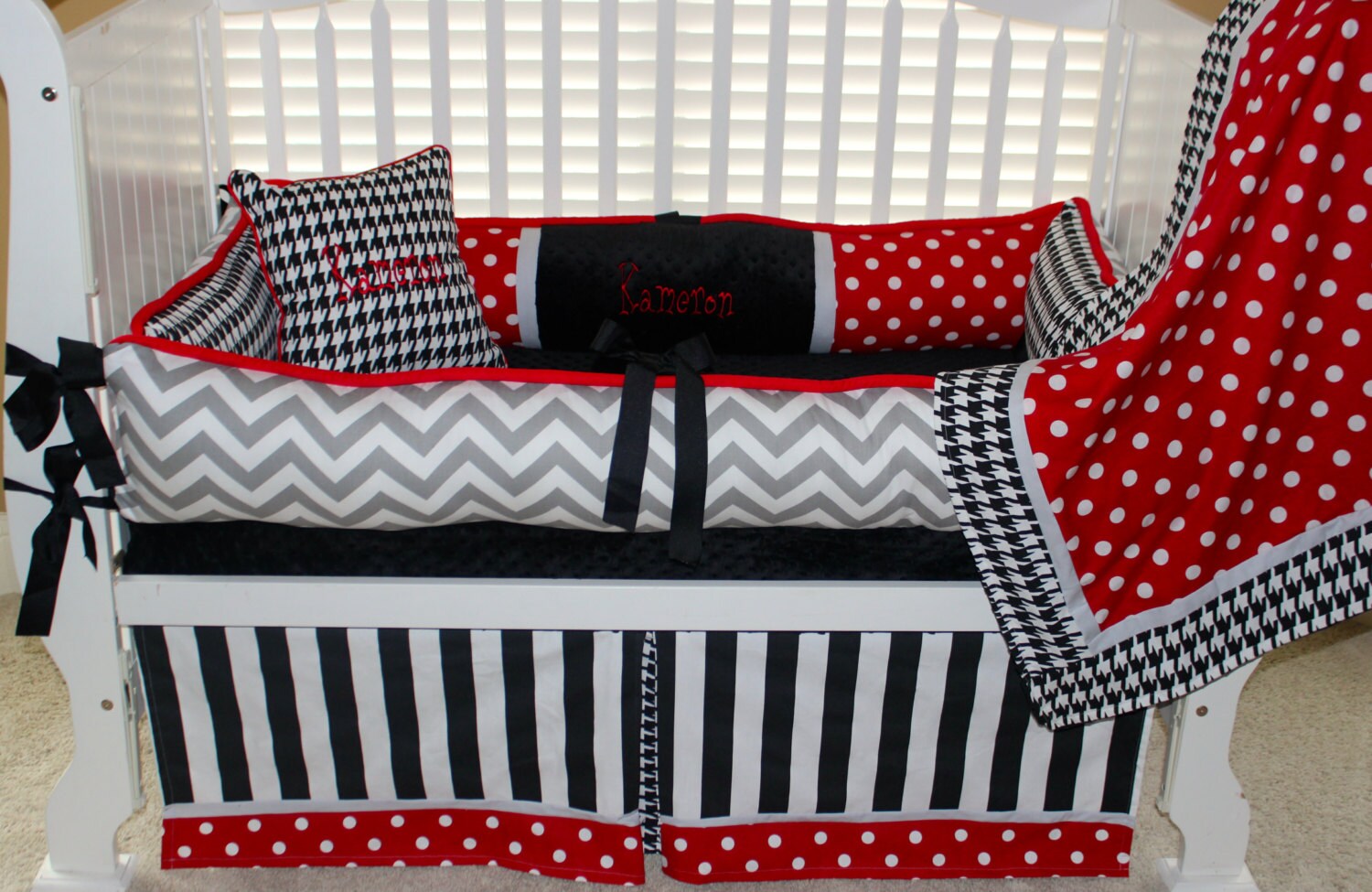 Custom baby bedding 6 pc set Alabama red polka dot grey