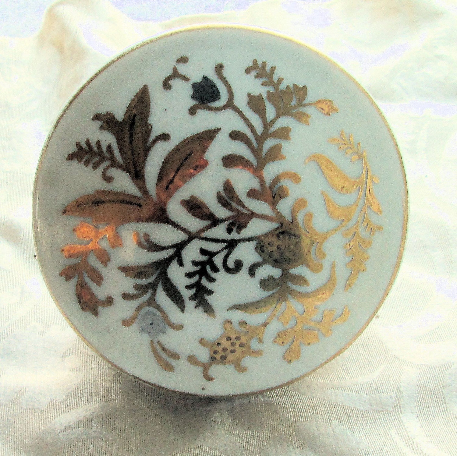 Trinket box ISCO hand painted with gold leaf design on the top and ...