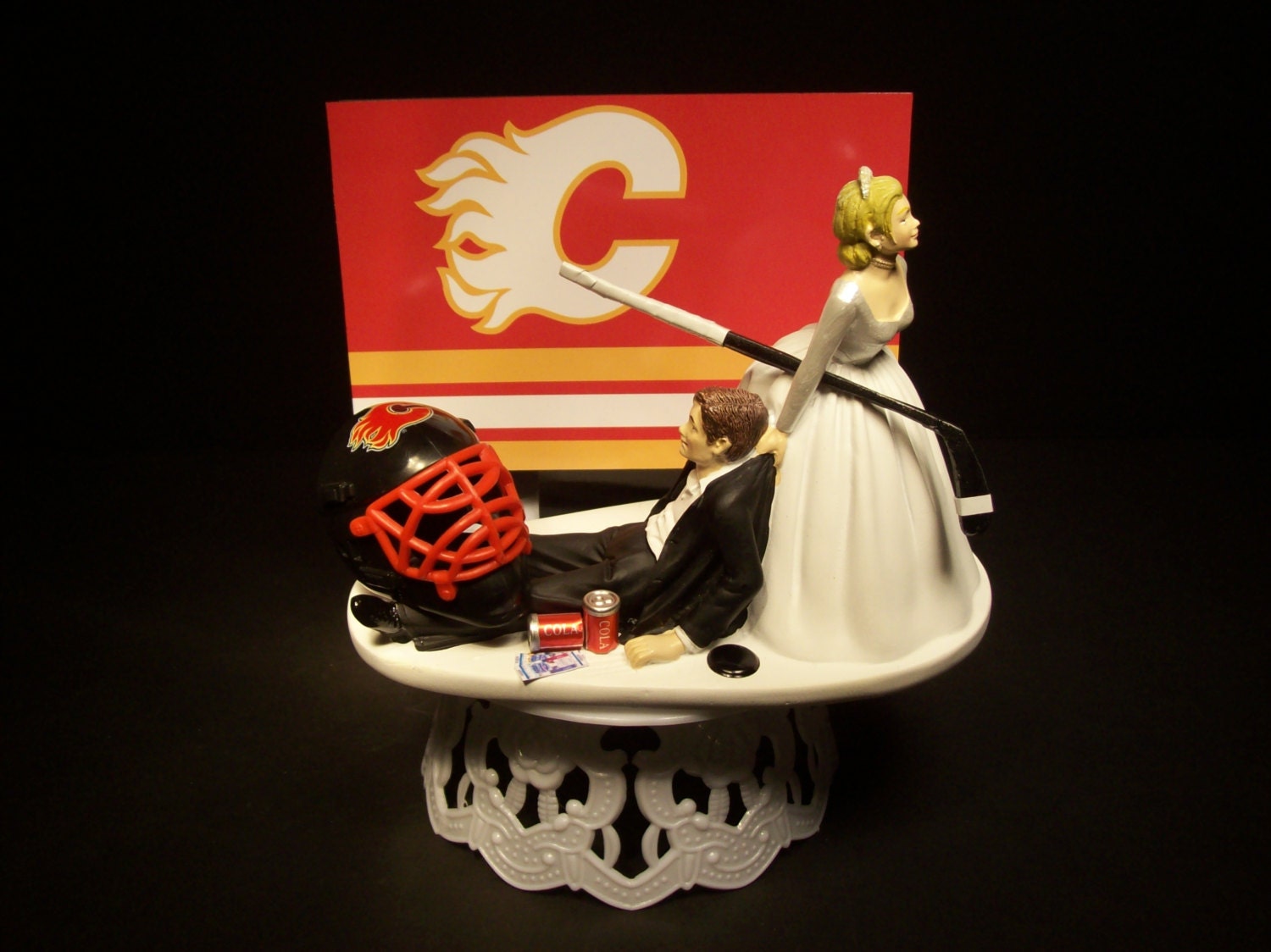 Hockey Sports Team CALGARY  FLAMES Bride and Groom Wedding  Cake 