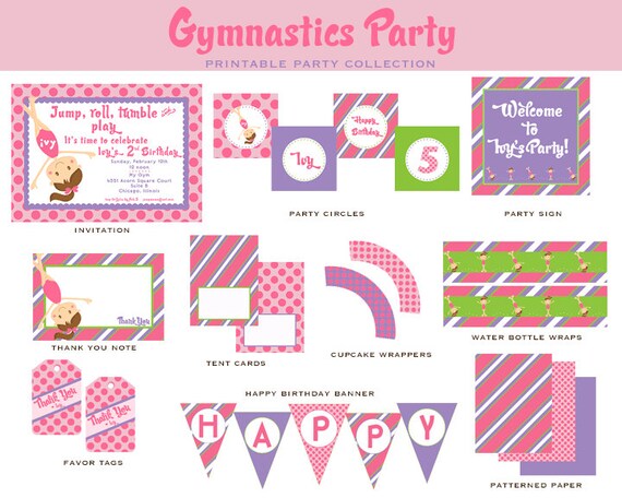 GYMNASTICS BIRTHDAY-Full Collection- Tumble and BOUNCE -Pink and Purple, Girls Gymnastics Invitation and Party Decorations Il_570xn
