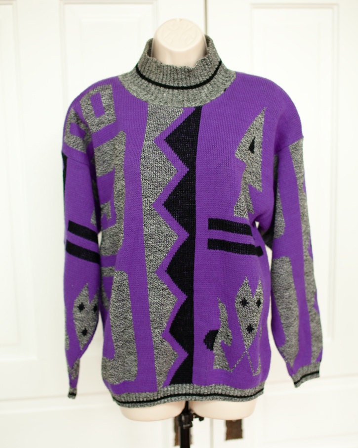 Vintage 80's Women's Sweater Turtleneck purple gray