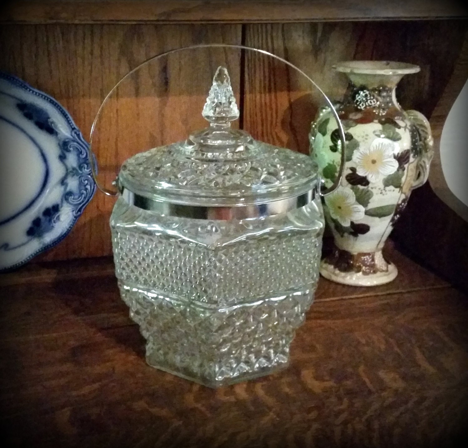 Diamond Cut Ice Bucket Vintage Glass Ice Bucket Holiday