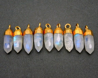 5pcs Tiny Moonstone Spike Pendant Charm with Electroplated 24k Gold Cap and Bail -Bulk Lot of 5- (S20B16-09)