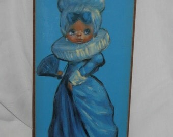 Vintage 1970s Barry Leighton Jones Little Girl In Victorian Dressed Blue Girl  Big Eyed Children On Masonite