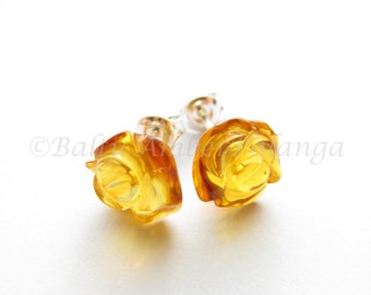 Baltic Amber Stud Earrings, Honey Color Roses