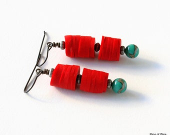 Red Clay Earrings, Red Heishi Bead Earrings, Clay Bead Earrings, Polymer Clay Jewelry, Aqua Bead Earrings, Boho Earrings, Disc Bead Earrings