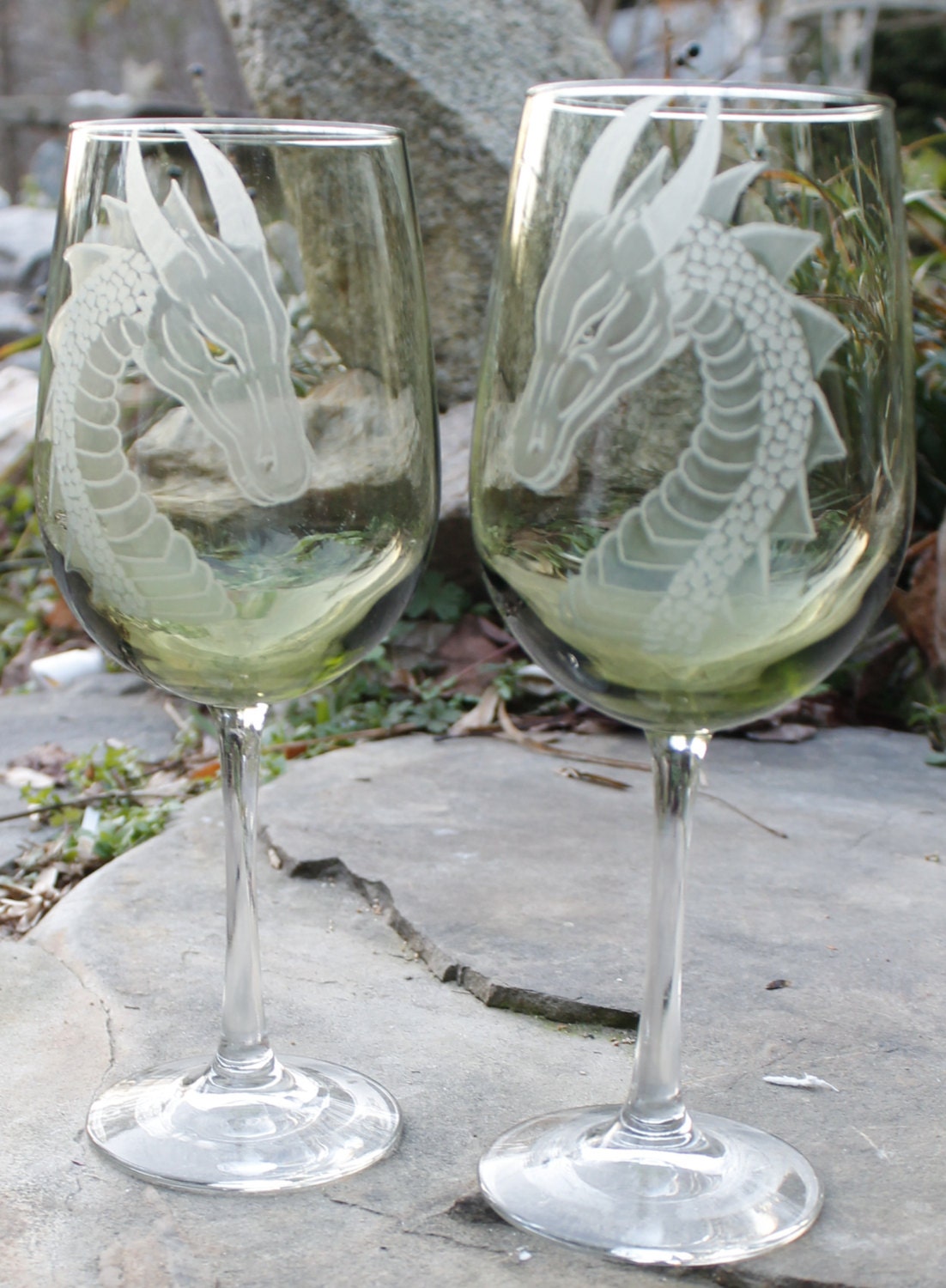 Decorated wine glasses etched engraved dragon goblets set