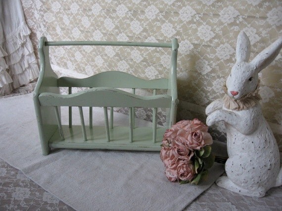 Shabby Chic Magazine Rack,Chippy Distressed Mint green Magazine Rack, Shabby pink roses Cottage Chic Nursery, Book Stand, sct,schteam