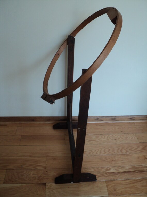 Antique Embroidery Stand Round Hoop with Rustic Round Wood