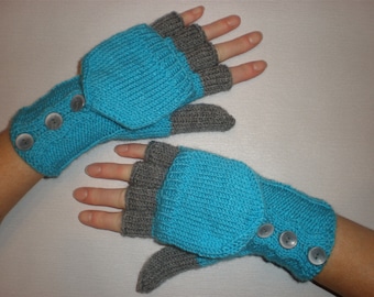 Hand-knitted turqoise color women convertible fingerless gloves/wrist warmers to mittens with buttons
