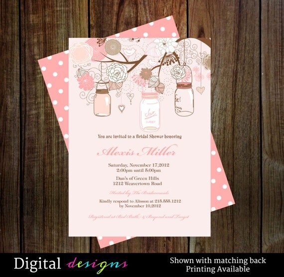 Pink mason jar Bridal Shower invitations - shabby chic outdoor shower - digital file, printed file Il_570xn