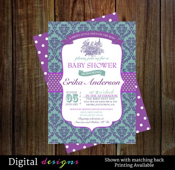 Vintage birds nest baby shower invitations -- baby girl shower purple, teal and damask printable, digital file (NO.145) Il_570xn
