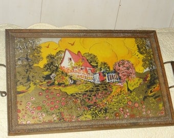 Vintage Serving Tray with Celloid Handles and Picture