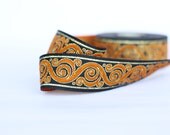 patterned trim, 33mm orange Jacquard ribbon, Embroidered border, orange black gold Sewing trim, Scroll Jacquard trim,  Craft border