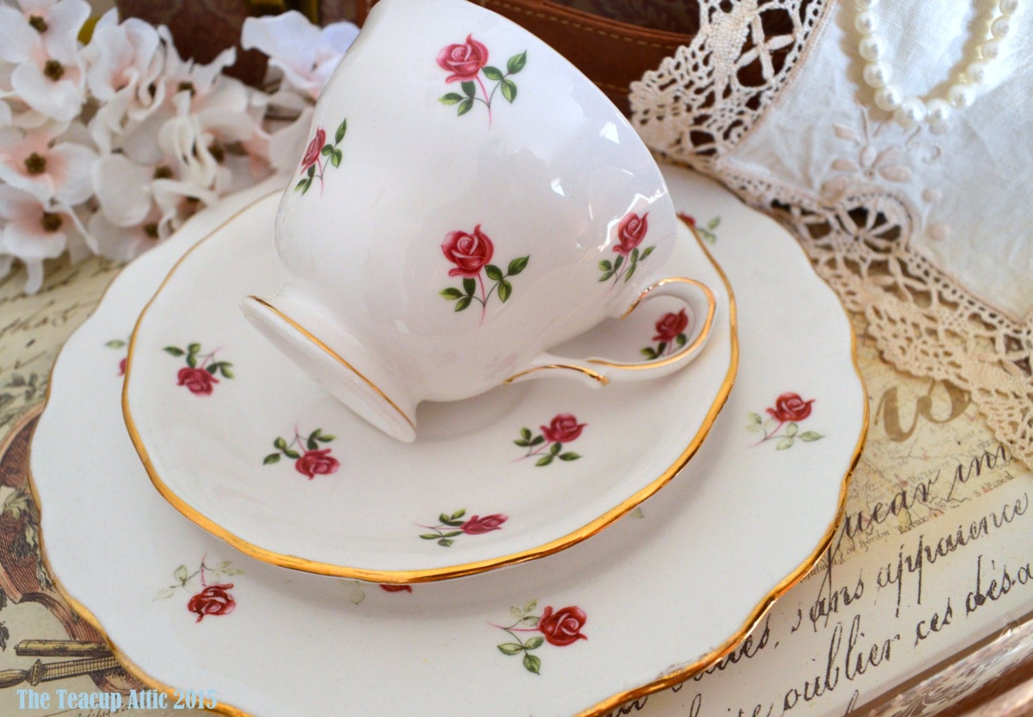 Colclough Petite Roses Teacup and Saucer TRIO, Red Rose Buds, c. 1960 ...