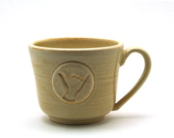 Shaka Mug: Cream Hang Loose Ceramic Cup, Gift for Surfers, Hawaii Aloha Spirit, Handmade Pottery Gift for Him or Her - Ready to Ship