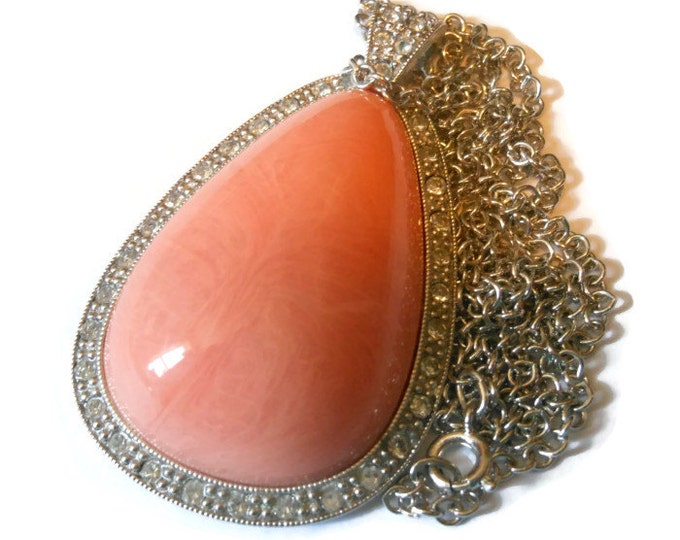 FREE SHIPPING Avon Pale Fire pendant from 1974 with coral peach marble colored tear drop cabochon with silver chain and rhinestone edging