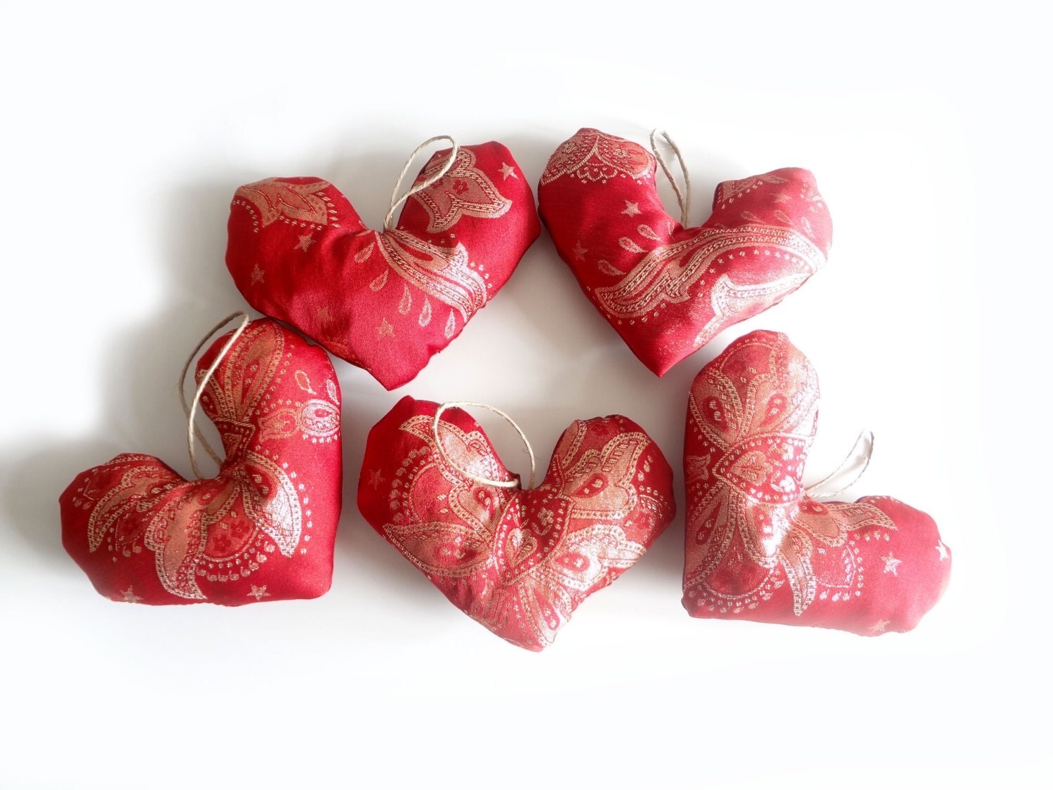 Red & gold hearts for home decoration or Christmas decoration - OOAK - set of 5