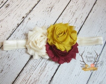 Cream Mustard Yellow Burgundy Fall Headband - Baby Newborn Infant Photo Prop Toddlers Girls Women Maroon Leaves Autumn