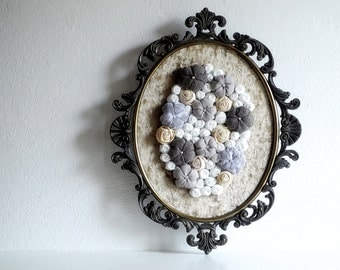 Baroque metal framed art Fabric flower wall decoration 3D design Home decor White Cream Brown Gold OOAK Ready to ship