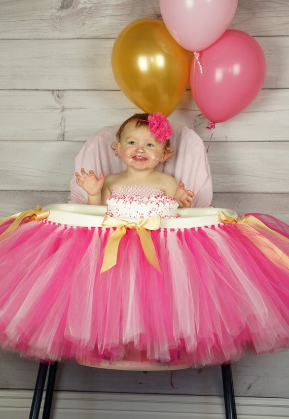 Pink gold Highchair tutu First birthday highchair by BBMCreations