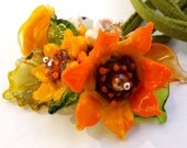Statement Glass Sunflowers Necklace,  Handmade Lampwork Yellow flowers with leather cords,  Festive Flowers Bouquet, Unique Birthday Gift.