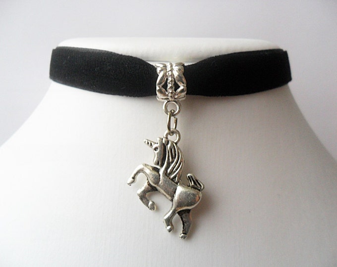 Velvet choker necklace with silver tone unicorn horse charm pendant and a width of 3/8” Ribbon Choker Necklace(pick your neck size)