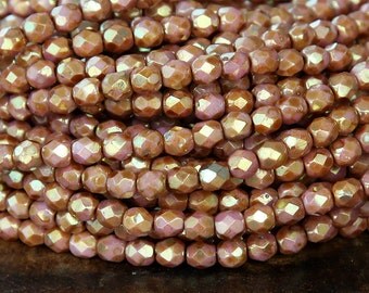 Opaque Rose Gold Topaz Luster Czech Glass Beads, 4mm Faceted Round - 100 pcs - eP65491-4