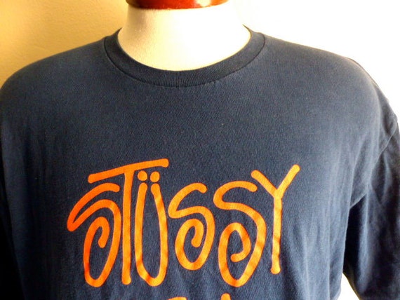 vintage 90's Stussy U.S.A. navy blue crew neck orange logo