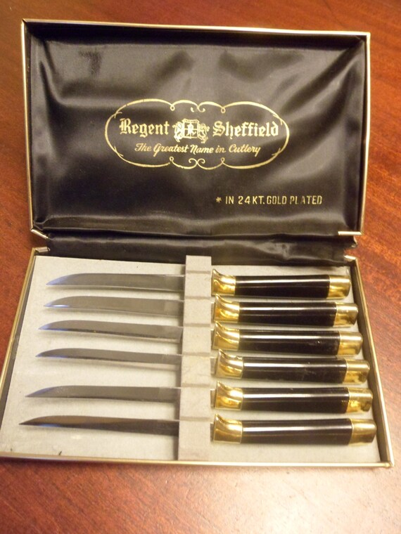 6 Regent Sheffield Steak Knives 24 kt Gold Plated Made in