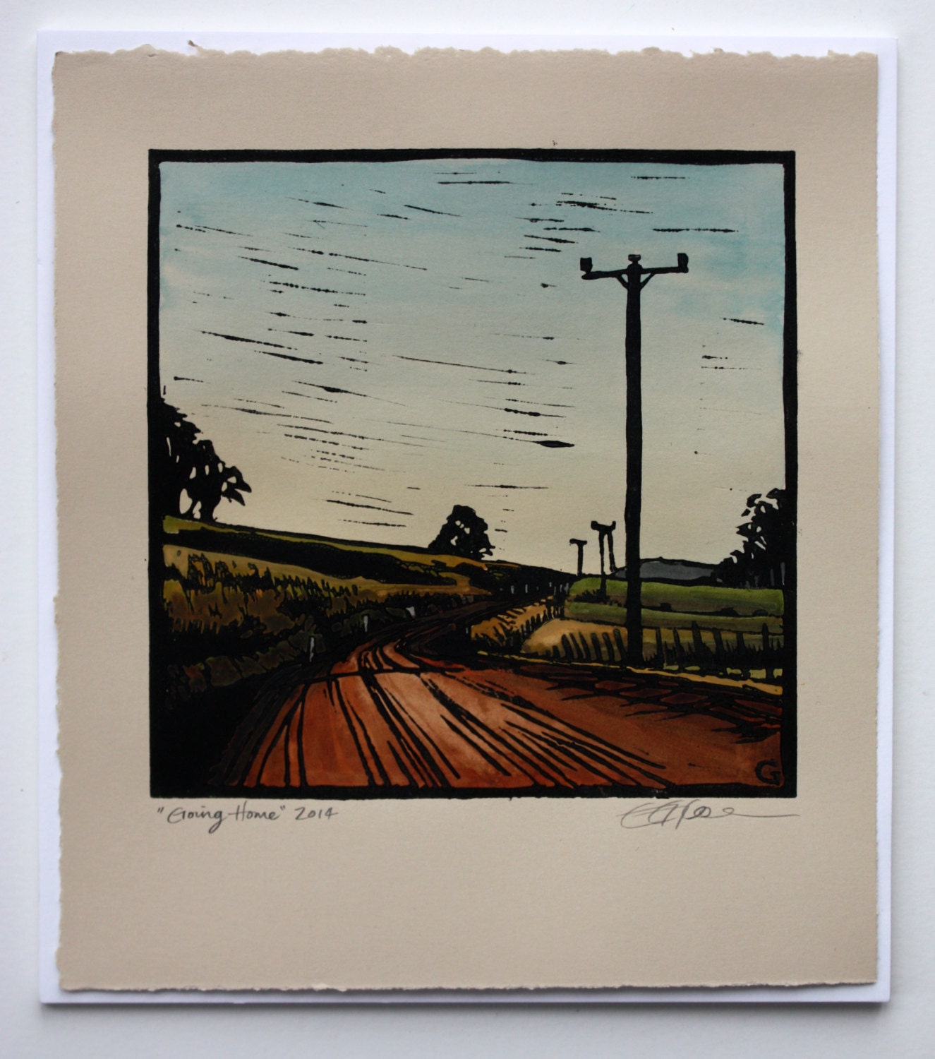 Linocut Print Handcoloured Landscape Going Home