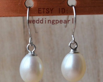 pearl earings, dangle pearl earrings, AAA white pearl earring, 6-7mm freshwater pearl earrings, sterling silver earrings, wedding earrings