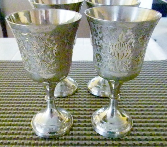 Silver Plate Brass Etched Goblets Set of Four by oldandnew8