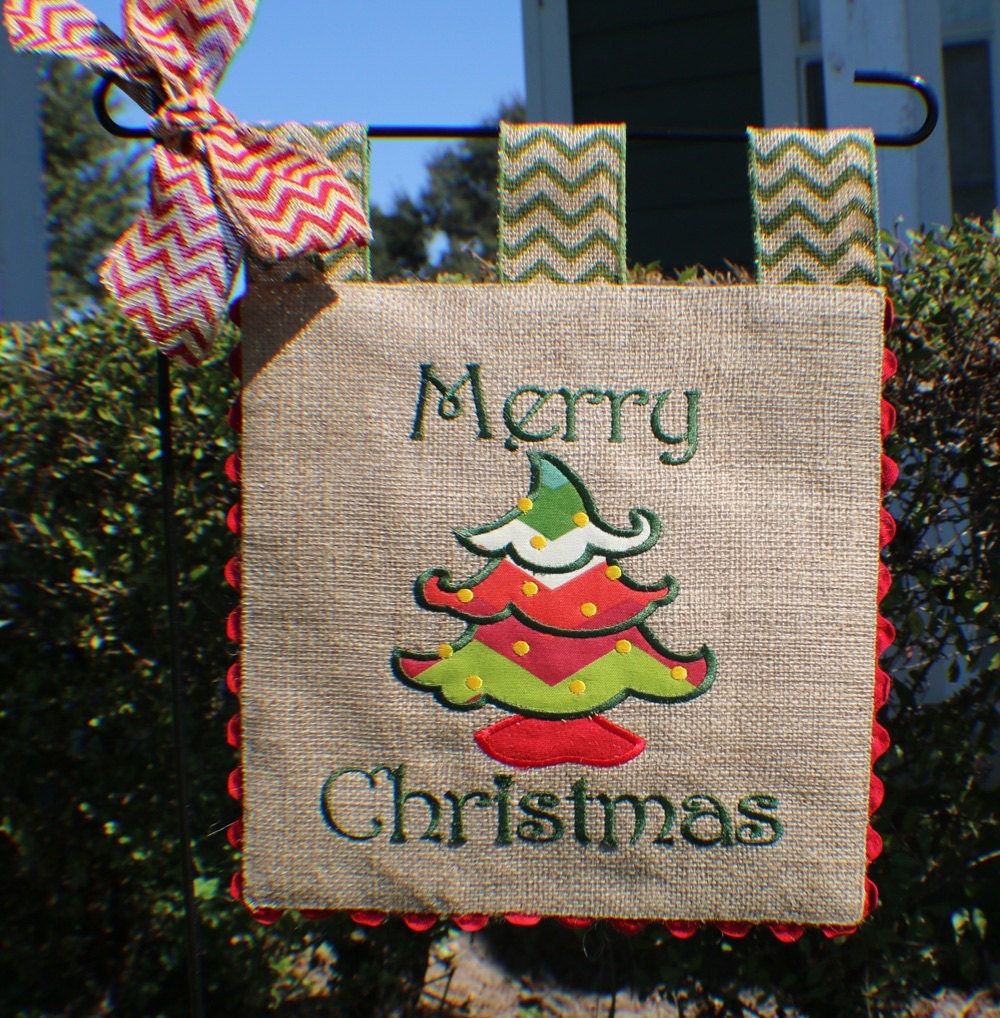 Burlap Garden Flag Whimsical Tree Merry Christmas