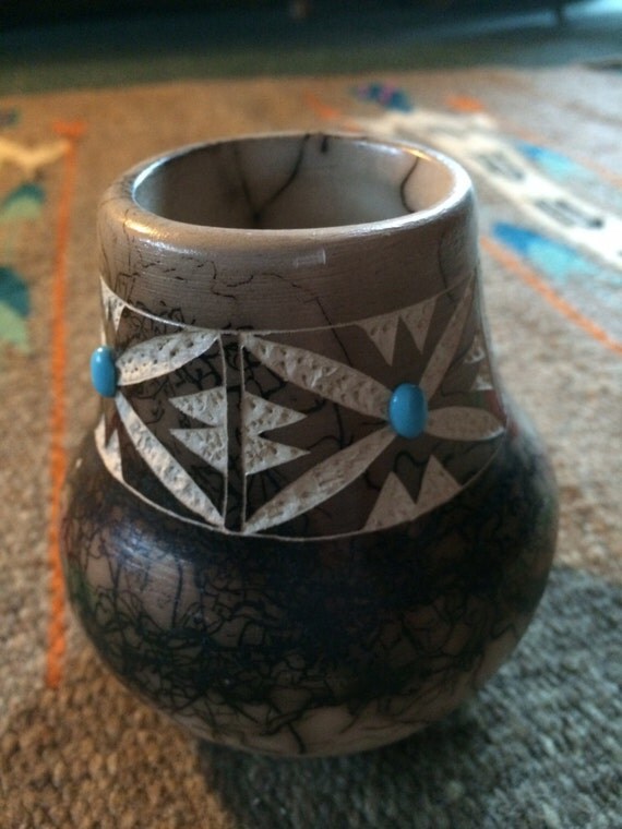 Native American Horse Hair Pottery Vase By T. Vail