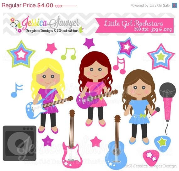50% OFF- INSTANT DOWNLOAD, little girl rockstar clipart, rockstar clip art, guitar graphic, for commercial use, printable, birthday invite Il_570xn
