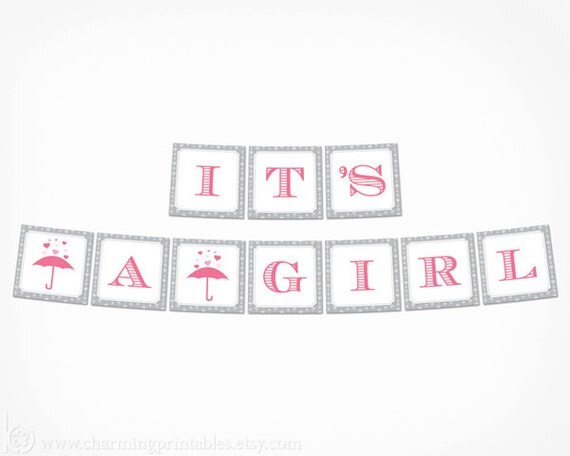 It's a Girl Banner - INSTANT DOWNLOAD Printable Pink and Gray Grey Baby Shower Banner Decoration - Rain Shower Baby Shower with Love Il_570xn