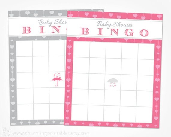 Baby Shower Bingo Printable - INSTANT DOWNLOAD - Pink and Gray Grey Girl Baby Shower Game Card - Rain Shower Baby Bingo Cards Il_570xn