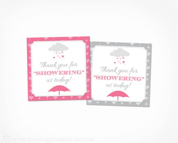 Girl Baby Shower Favor Tags - INSTANT DOWNLOAD Printable PDF File - Thank You Tag Labels - Pink and Gray Rain Shower Baby Shower with Love Il_570xn