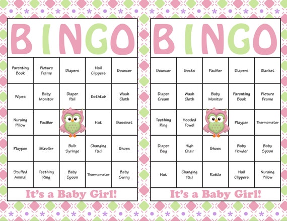 shower bingo words of list baby Shower Baby Party Girl Cards 60 Bingo Baby  Instant Printable