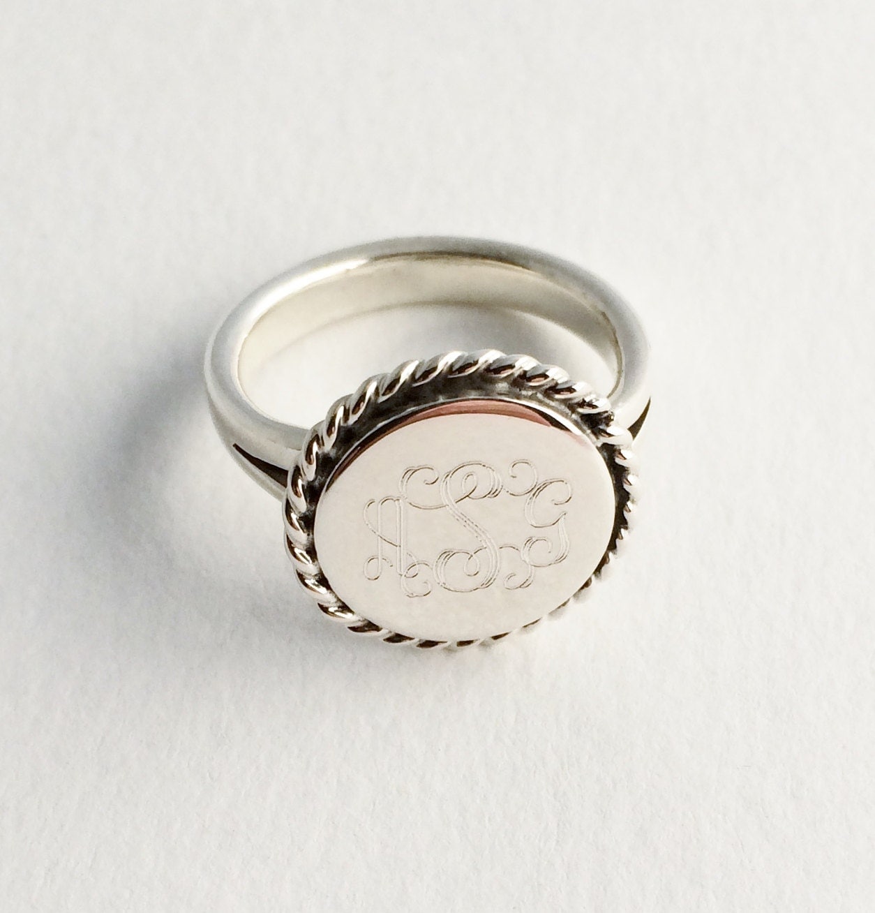 Nautical Rope Monogrammed Ring in Sterling Silver for Women or