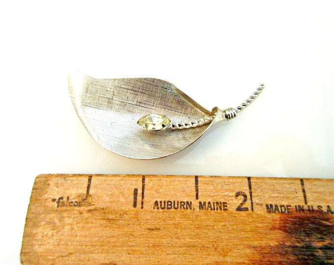 Sterling silver leaf brooch - rhinestone - Signed pin