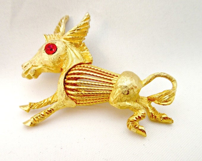 Horse Brooch - gold tone Metal - Red Rhinestone - Donkey pin