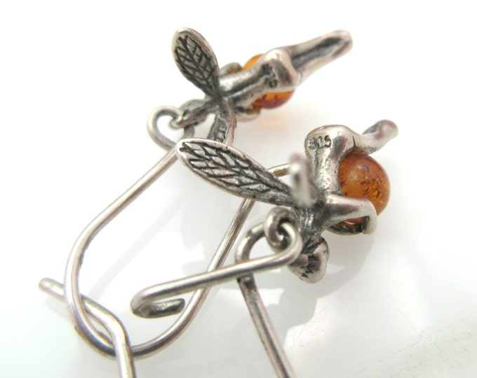 Sterling Amber Fairy earrings - dangle pierced hook earring
