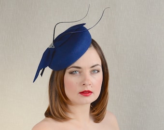 Blue Felt Pillbox Hat with Quills - Pantone 2015 Classic Blue Fascinator