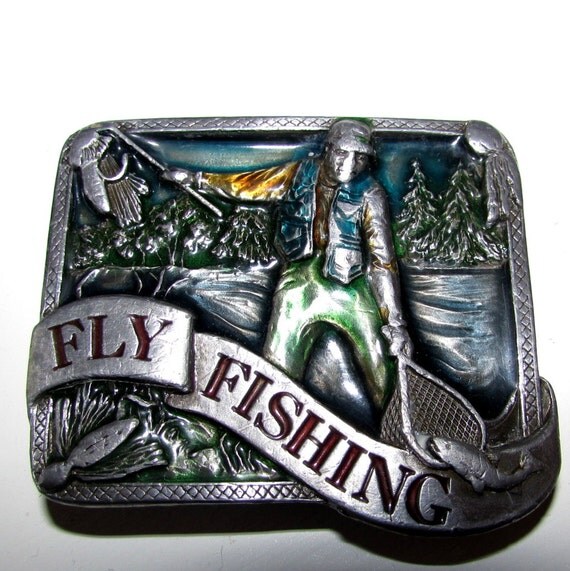 fly fishing pewter belt buckle painted enamel by avaVintage
